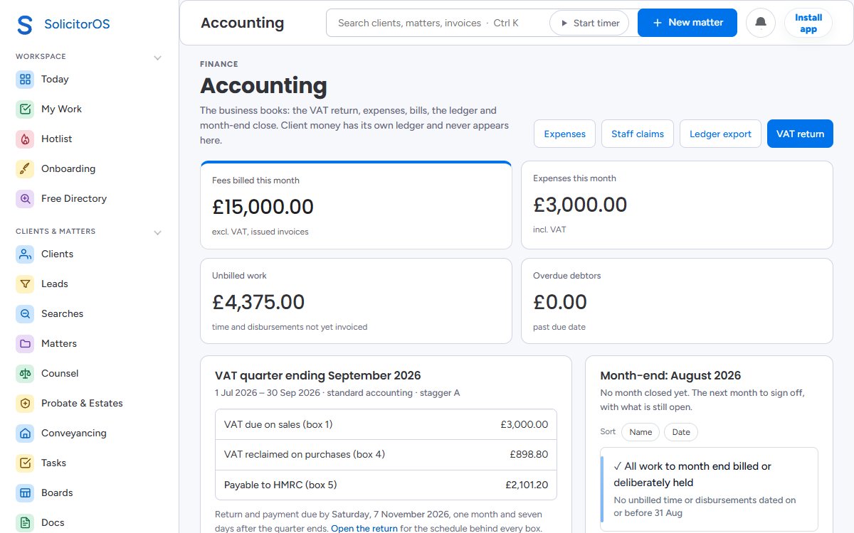 The SolicitorOS accounting hub: fees billed, expenses, unbilled work, overdue debtors and the VAT return figures for the current period