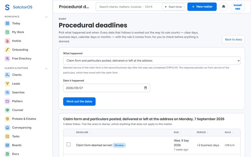 The CPR deadline engine working out every date that follows service of a claim form, each with the rule it comes from
