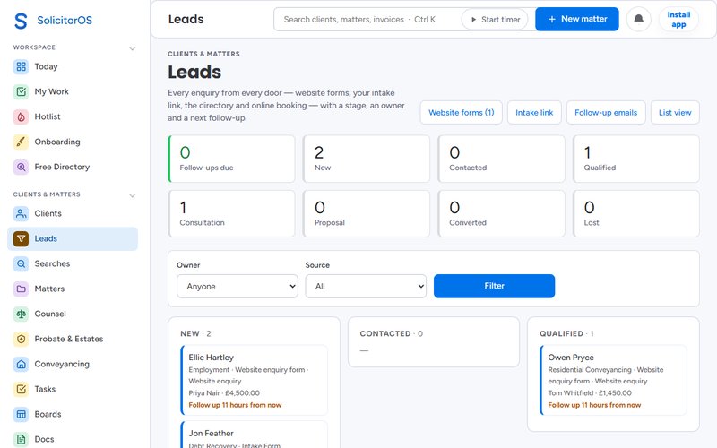 The leads pipeline: every enquiry by stage, with an owner, a value and the next follow-up