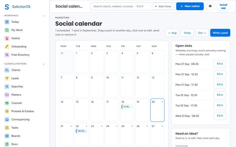 The social calendar: a month of posts, the open slots at the hours people read, and ideas to fill them